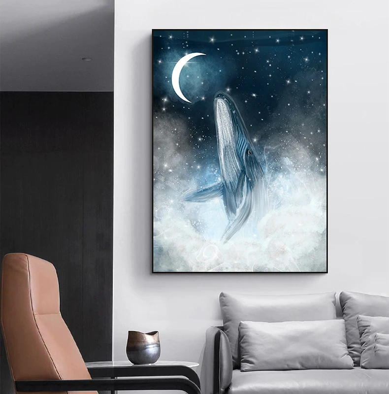 Абстрактный синий кит холст картины подвеска в виде космонавта и планеты печати плакатов изображение на стену, север для Гостиная Северная Настенная картина живые картины