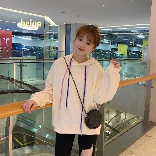 apricot Новая Осенняя свежая Толстовка Harajuku для девочек, женские повседневные однотонные милые Стильные Свободные толстовки с двойным шнурком, студенческий шикарный топ - Цвет: apricot