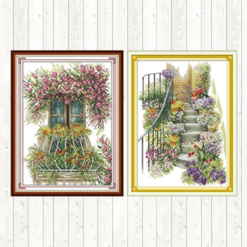 

Flower Stairs Counted Cross Stitch Flowers Pattern 14ct 11ct Print on Canvas DIY Needlework Embroidery Kit Aida Fabric DMC Floss