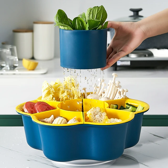 360 Rotating Drain Basket Multi-Grids Plastic Hot Pot Vegetable Platter  Home Kitchen Fruit Storage Plate Snack Tray For Kitchen
