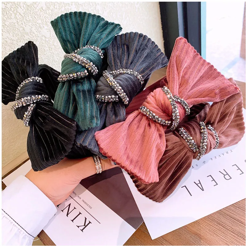 Boutique Velvet Striped Headbands for Women Rhinestone Strip Big Bow Knot Hairband for Girls Hair Bows Head Jewelry Female Hoop
