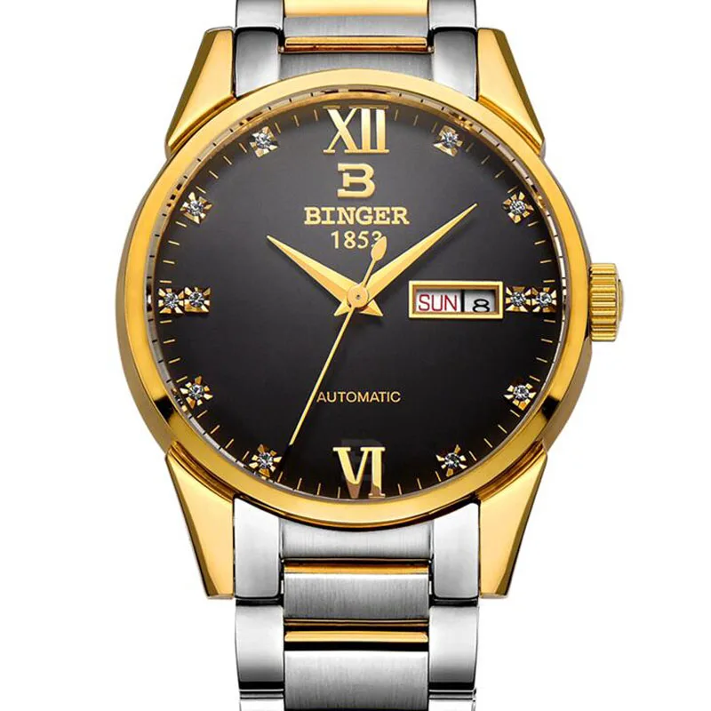Silver Gold Black Швейцария BINGER мужские часы с автоподзаводом роскошные розовое золото рифленая Нержавеющая Сталь Механические Для мужчин наручные часы Relogio Masculino - Цвет: Silver Gold Black