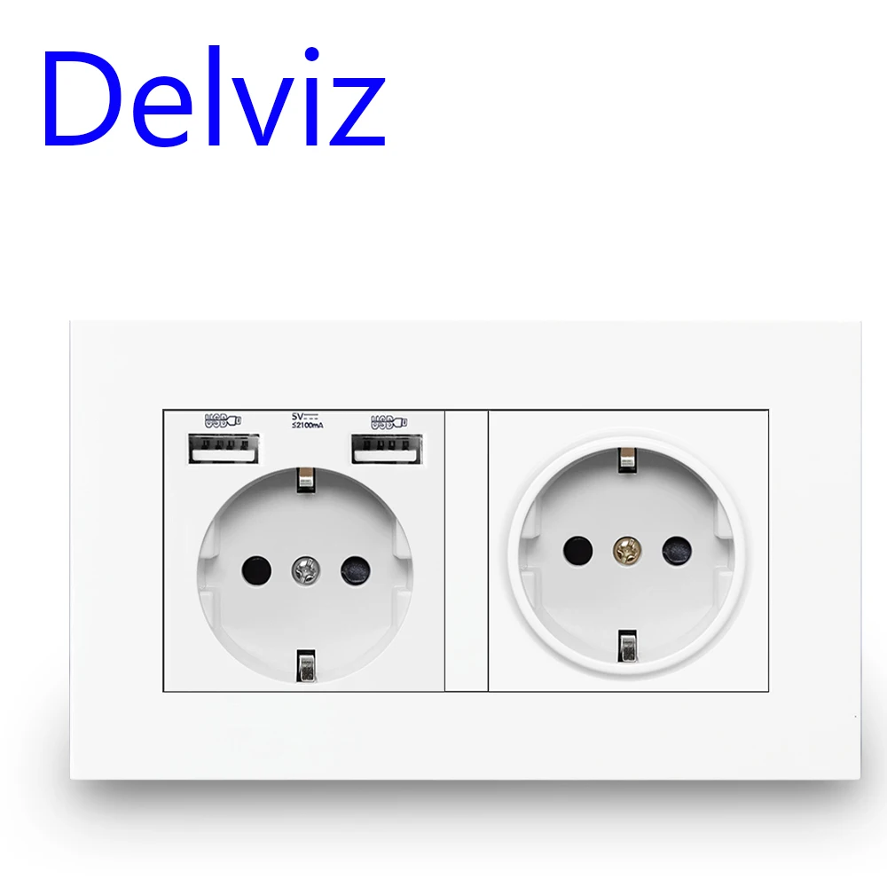 Delviz EU ซ็อกเก็ต USB มาตรฐาน,Double Outlet,16A คุณภาพแผงไฟ AC 110 ~ 250V 146 มม.* 86 มม.,กรอบคู่ USB Power Outlet 1