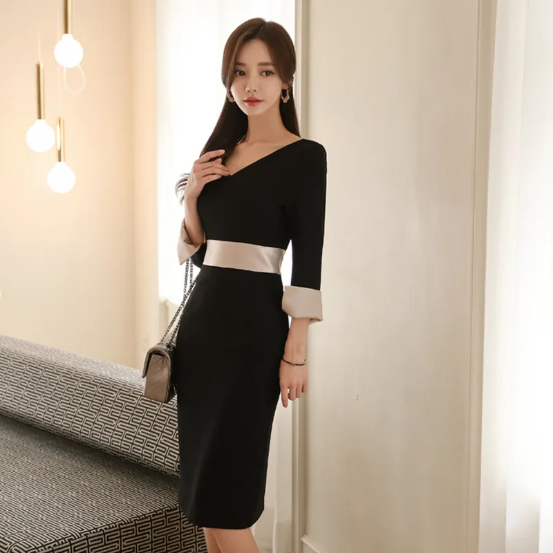 

2019 Spring Summer New Style WOMEN'S Dress-Style Elegant V-neck Waist Hugging Slimming High-End Elegant Career Dress