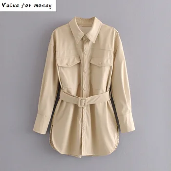 

High Lokar Fandy Imitation Leather Blouses Women Fashion PU Shirts Women Elegant Tie Belt Waist Pockets Tops Female Ladies