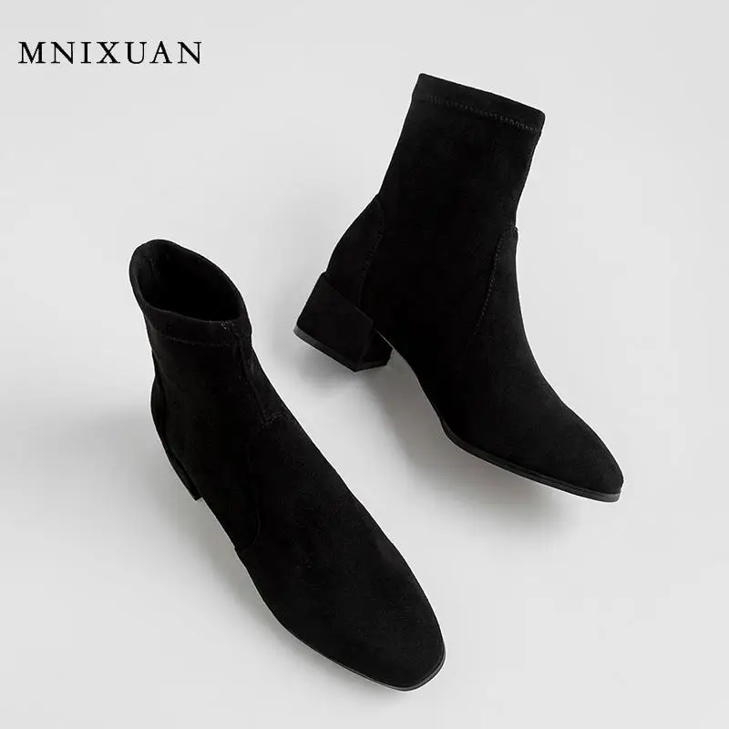 MNIXUAN/Повседневная Женская обувь в Корейском стиле; Зимние ботильоны для женщин; Новинка года; сезон осень; ботинки на квадратном каблуке с квадратным носком; размер 42