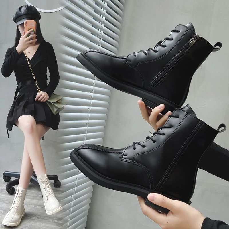 Boots Women's Round Toe Platform Side Zipper Lacing Leather Splice