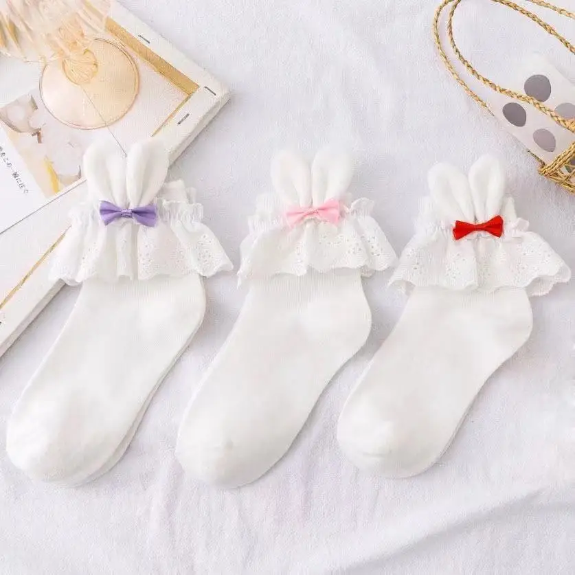 Cosplay&ware Pink Girls Kawaii Lolita Socks Cute Rabbit Ears Bowknot Japanese Gothic Lace Ruffles Stocking Cotton Cosplay -Zentai shop online
