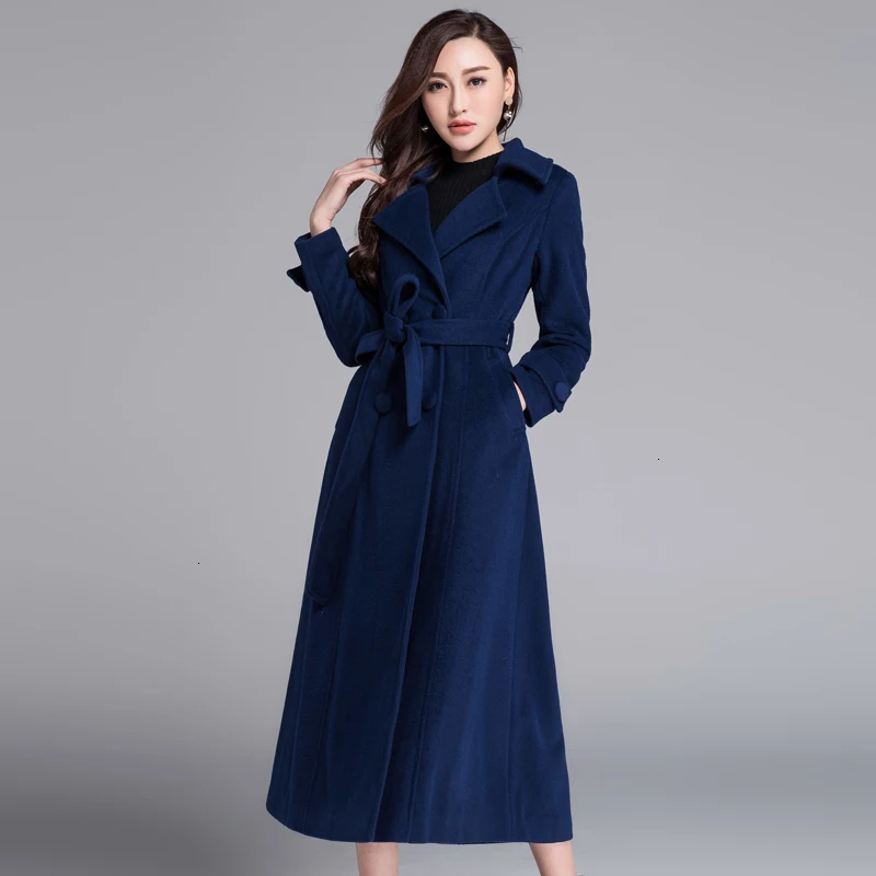 Женский шерстяной Тренч зимняя двубортная куртка с длинным рукавом Manteau Femme - Цвет: Dark blue