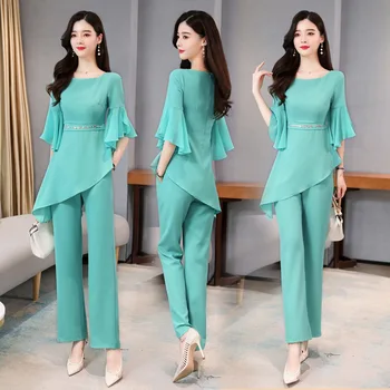 

two piece set women 2020 Summer New Women's Korean Slim Waist Green Top Two-piece Fashion Casual set lady
