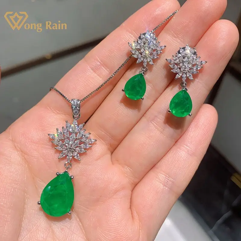Wong Rain Роскошные серьги/кулон/ожерелье из стерлингового серебра 925 с изумрудом