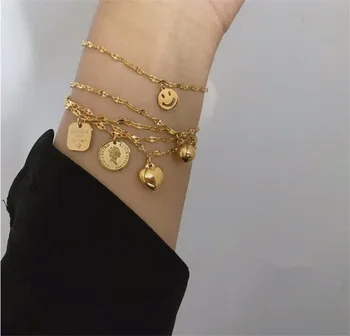 

YUN RUO Yellow Gold Color Heart Smiling Face Chain Bracelet Woman Birthday Gift 316 L Titanium Steel Jewelry Not Change Color