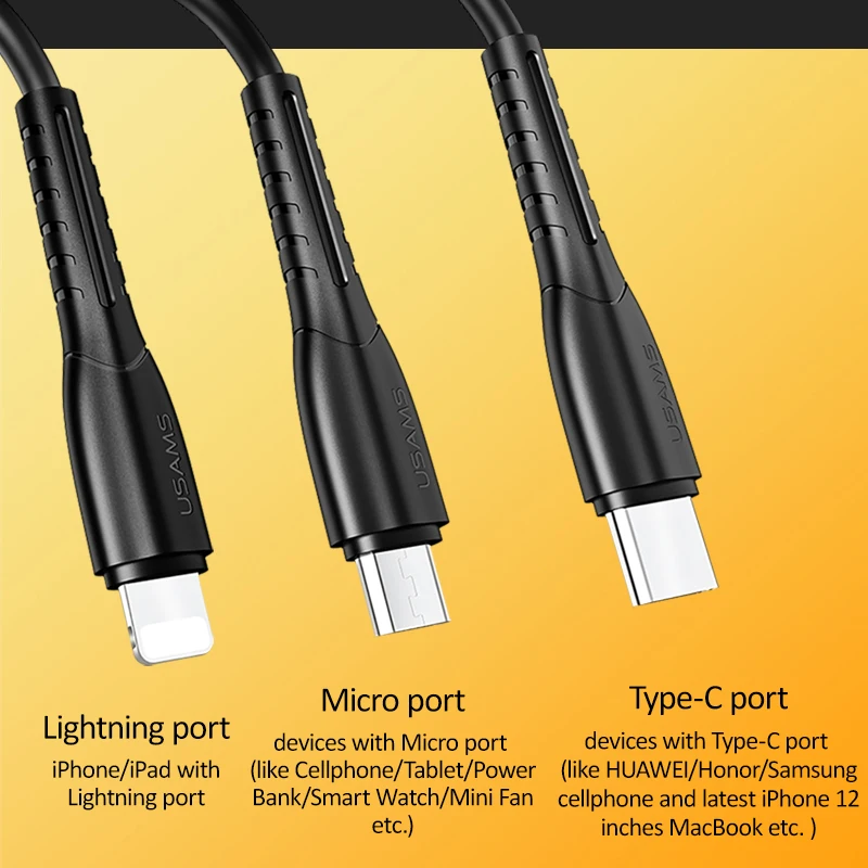USAMS 3 в 1 USB кабель type C кабель для samsung s9 plus Micro usb кабель для зарядки для iPhone X 8 7 6s Plus 5 5S SE 5c C кабель