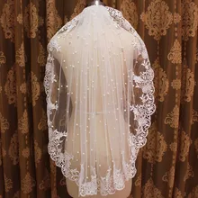 Кружевная свадебная фата с жемчугом, короткая фата невесты с гребнем, однометровая короткая вуаль с жемчугом, Новые свадебные аксессуары