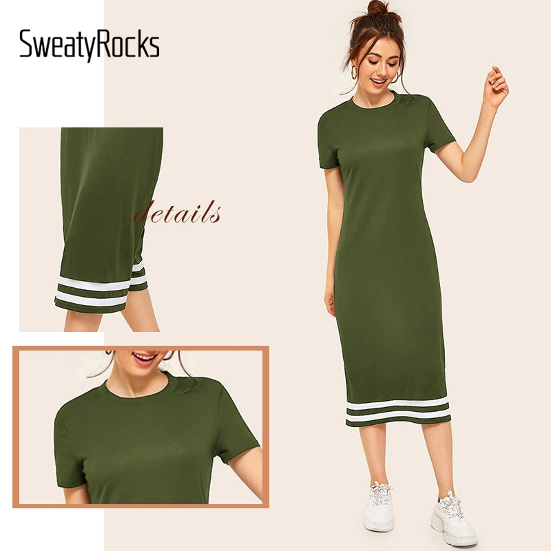 SweatyRocks армейский зеленый полосатый принт футболка миди платье женские облегающие эластичные платья повседневные женские летние прямые платья