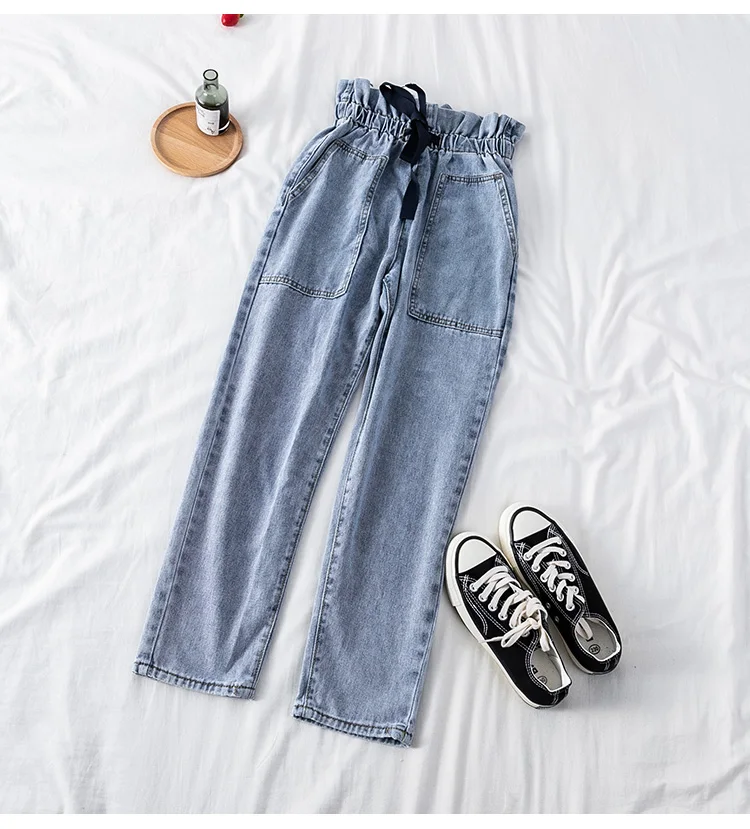 light bllue pants Neploe гофрированные плиссированные Стрейчевые джинсы с высокой талией весна осень женские белые черные синие джинсовые брюки корейские свободные джинсовые штаны - Цвет: light bllue pants