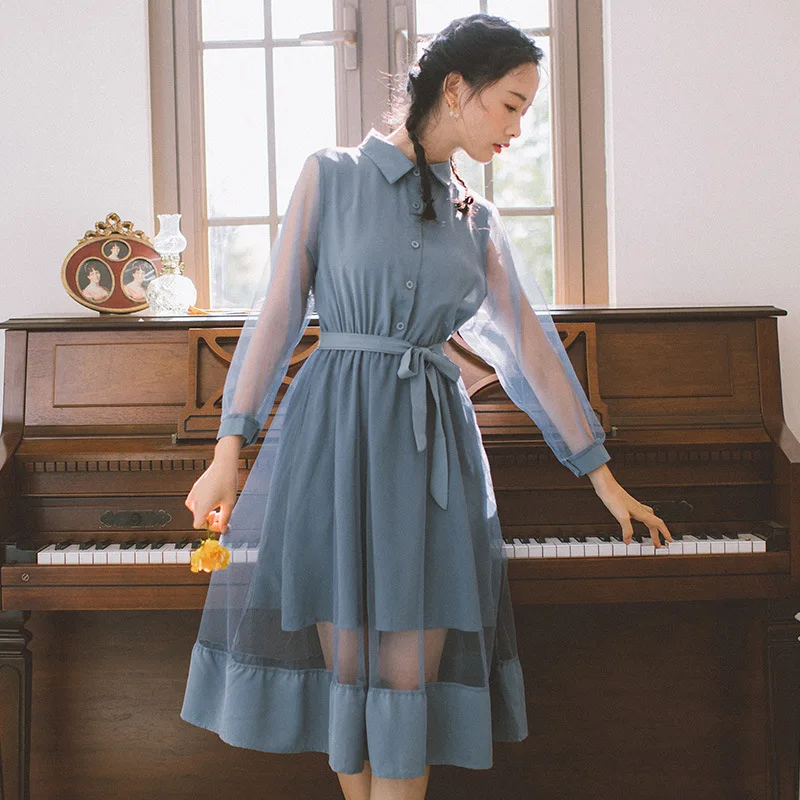 

Spring Clothing 2020 New Style Organza Gauze Joint Solid Color Long Sleeve Literature And Art Spring And Summer Dress