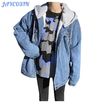 

JAYCOSIN Clothes Women Casual Jean Jacket Coats Fashion Long Sleeve Denim Coat Retro Hooded Pockets Jacket Outwear Women 1015