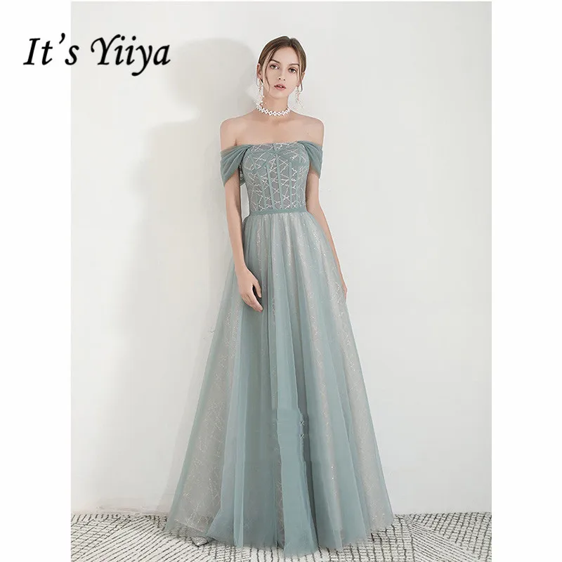 

It's Yiiya Evening Dress Summer 2019 Plus Size Boat Neck Off Shoulder Robe de Soiree Short Sleeve Elegant Long Formal Gown E1091