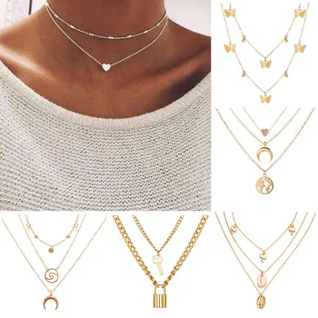 

Bohemian Moon Star Crystal Heart Choker Necklace for Women Multi-Layer Clavicle Neck Chain Necklace Heart-Shaped Pendant