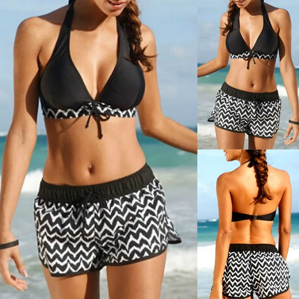 Tankini de dos piezas para mujer, conjunto de Bikini con pantalones cortos de surf, traje de baño de cintura alta con cuello Halter