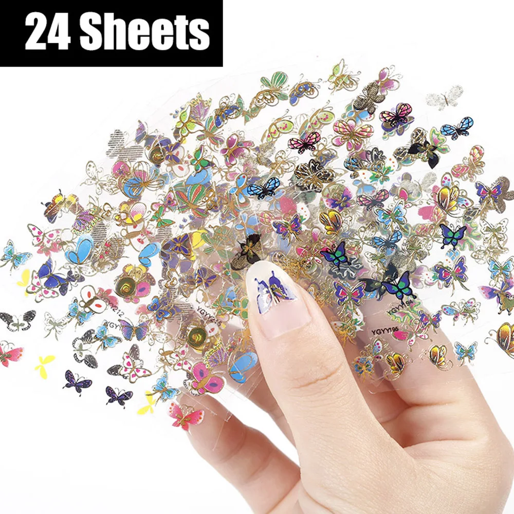 

24 Sheets Multistyle Nail Art Decorations Butterfly 3D Nail Stickers Gel Polish Tips DIY Self-adhesive Transfer Stickers
