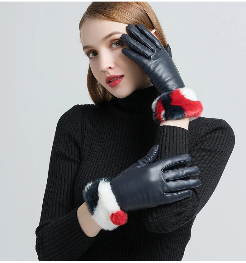 GOURS, зимние женские перчатки из натуральной кожи, модные, черные, темно-синие, с сенсорным экраном, теплые перчатки для вождения, новинка, варежки GSL085