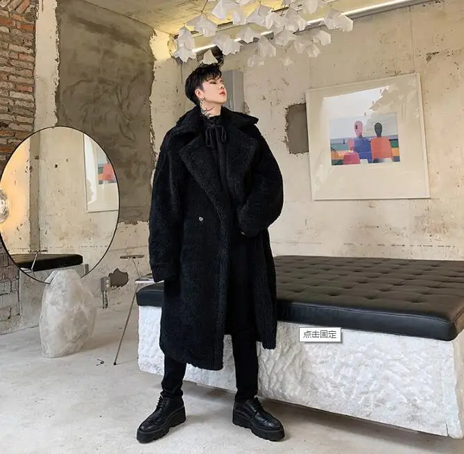 S-XL! зимнее модное мужское длинное Свободное пальто из овечьей шерсти с отворотами, темпераментное молодежное утепленное плюшевое пальто
