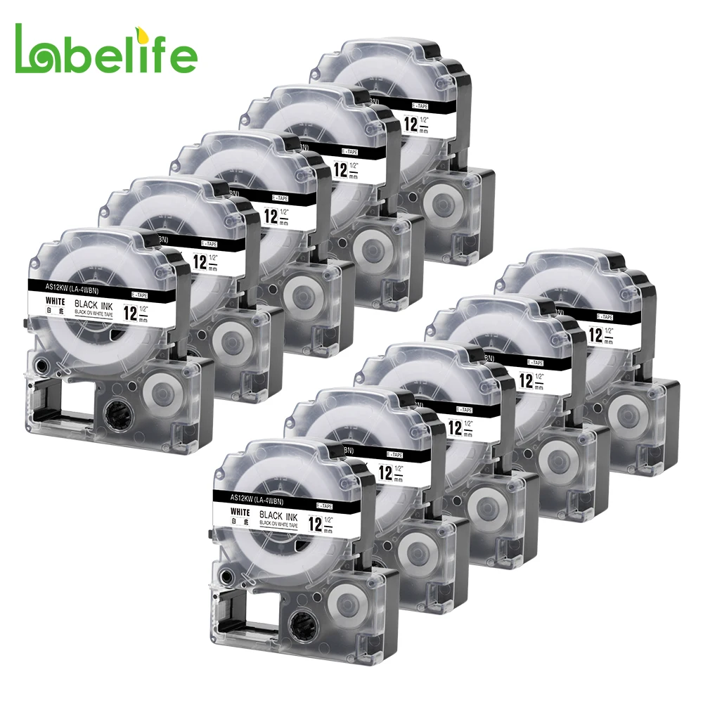 Labelife 10 шт. SS12KW LC 4WBN совместим с Epson LabelWorks LK Tape Standard 12 мм черный на белом LW 300 400