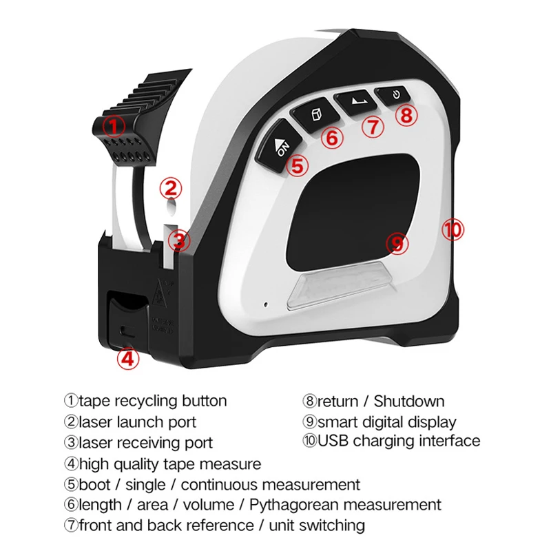 40M Infrared Laser Rangefinder Distance Measuring Tape Rechargeable USB Laser Ruler for Area Volume Pythagorean Measurement