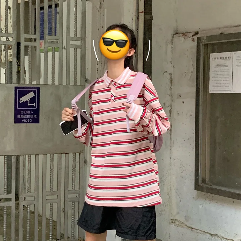 Tops women ins sweet lapels striped long sleeves summer Korean fashion loose oversize sets of Harajuku BF casual women T-shirt