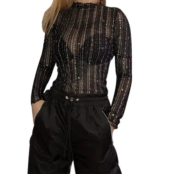 

Sexy Women Long Sleeve Turtleneck Lace Bodysuit See Through Leotard Top Jumpsuit