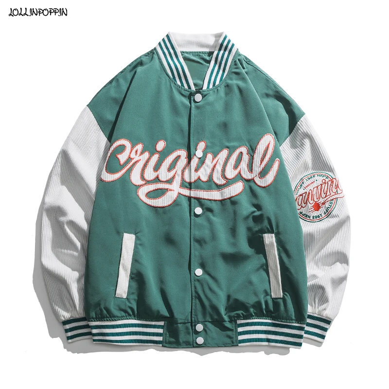 

Amekaji Original Letters Embroidery Men Corduroy Sleeve Patchwork Baseball Jacket Stand Collar Streetwear Mens Casual Coat Green