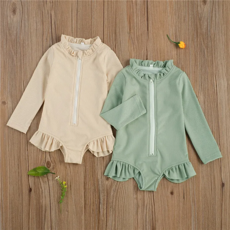 Children Swimwear 1-5Y Toddler Girls Knitted Front Zipper Long Sleeve Ruffles Summer Swimsuit Jumpsuits