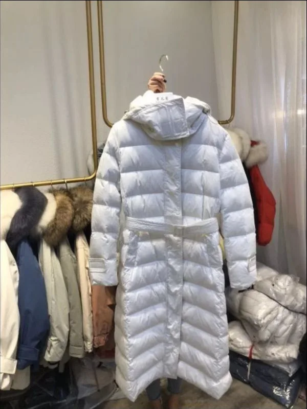 white High-end Europe Hooded Down Jacket Women Long Thick White Duck Down Coat Winter Slim Fashion Ladies Parka Down Coats NS1562 - Цвет: white