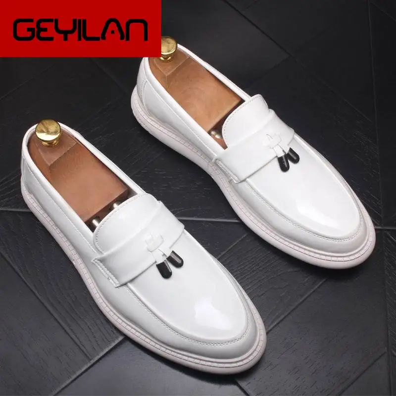 

New Arrival Men White Casual Shoes Fashion Roude Toe Slip On Platform Loafer Shoes Man Leisure Black Boat Shoes Tassel 43