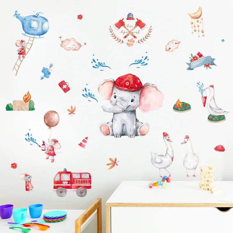 Cartoon Animal Wall Stickers Children's Room Decoration Cute Elephant Fire Story DIY Waterproof Art Mural Decals Boys Nursery | Дом и сад