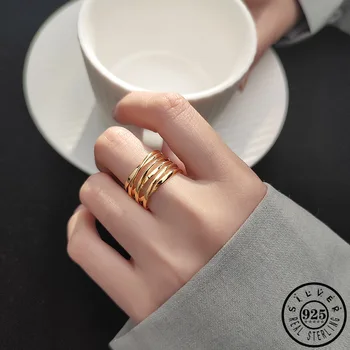 

925 Sterling Silver Minimalist Geometric Shape Adjustable Punk Gold Color Plated Statement Open Finger Kpop Rings for Women