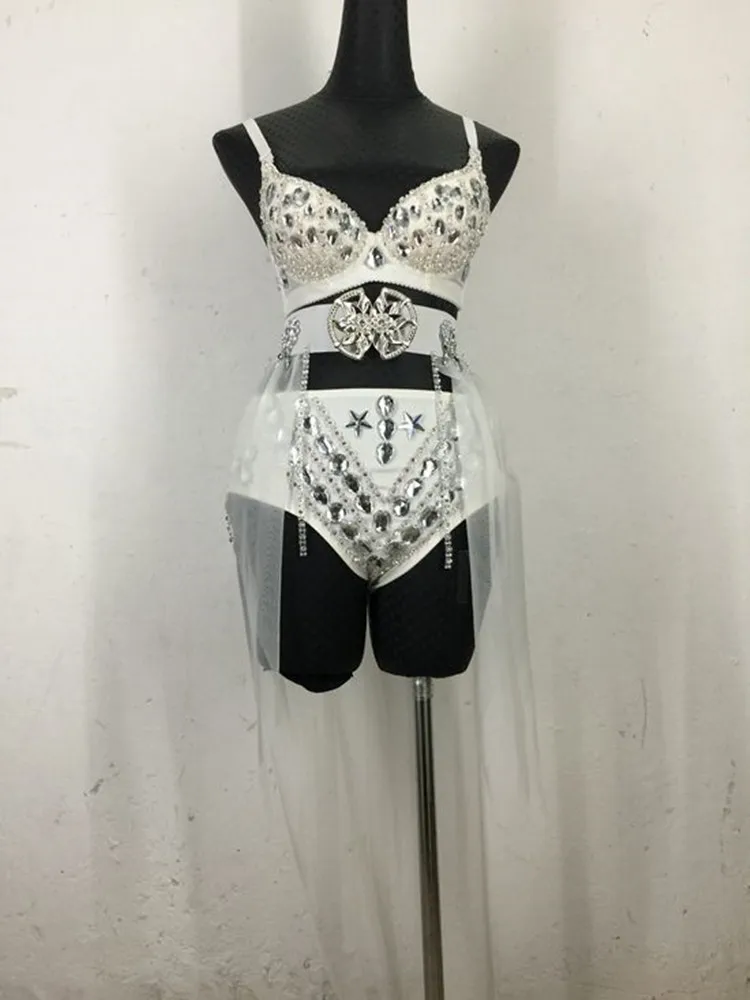 Nightclub DJ Singer Stage Costume Black Red White Rhinestones Bikini Trailing Belt Outfit Club Party Women Gogo Performance Wear