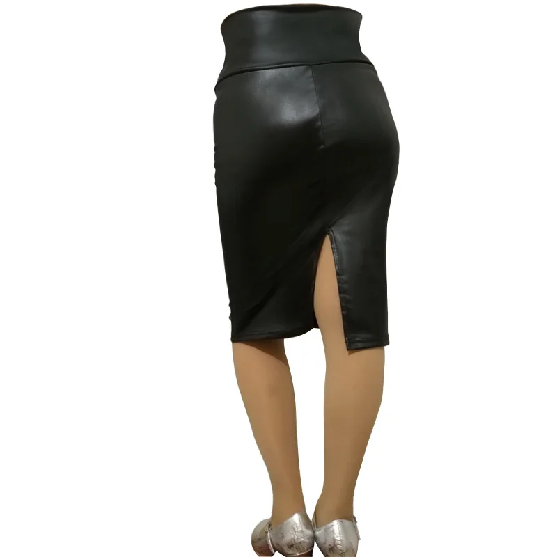 Женская кожаная юбка с высокой талией и поясом до бедра, юбка из искусственной кожи с разрезом на бедрах, черная кофейная красная Однотонная юбка до середины икры из искусственной кожи