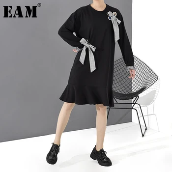

[EAM] Women Bow Split Joint Ruffles Midi Dress New Round Neck Long Sleeve Loose Fit Fashion Tide Spring Autumn 2020 1T485