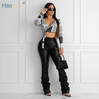 

HAOYUAN Sexy Plus Size PU Leather Stacked Leggings Women Fall Clothes Elastic High Waisted Pants Club Ruched Trousers Streetwear