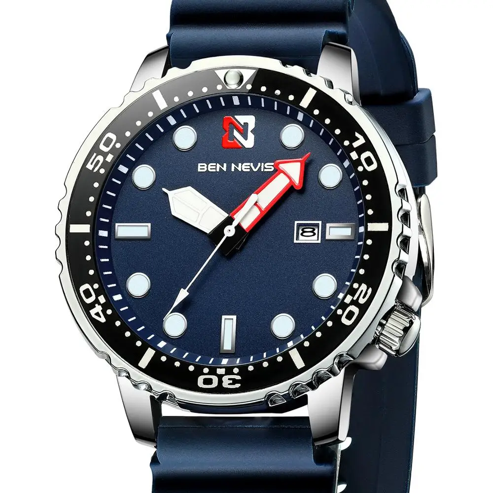 BEN NEVIS Men's Sport Watch Thin Case Waterproof Wristwatch Unique Silicone Rubber Strap Blue Quartz Clock Man Relogio Masculino