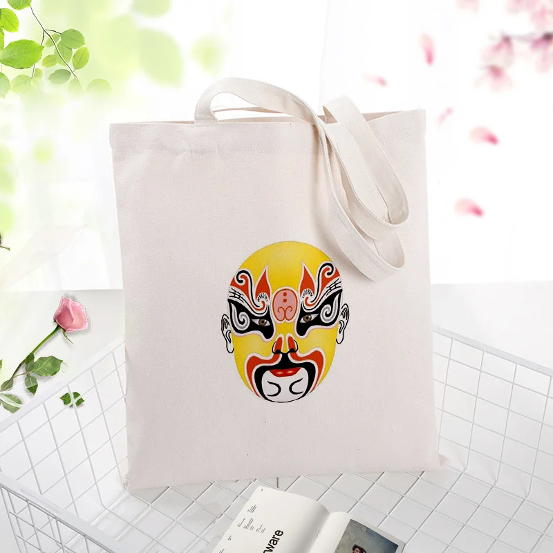 Вместительная сумка для покупок из холста, сумка с изображением пекинской оперы, сумка для ежедневного использования текста, сделай сам, логотип с индивидуальным принтом, Экологичная многоразовая утилизация