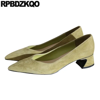 

2019 genuine leather pointed toe sheepskin shoes women medium heels pumps suede thick slip on block green black chunky brand