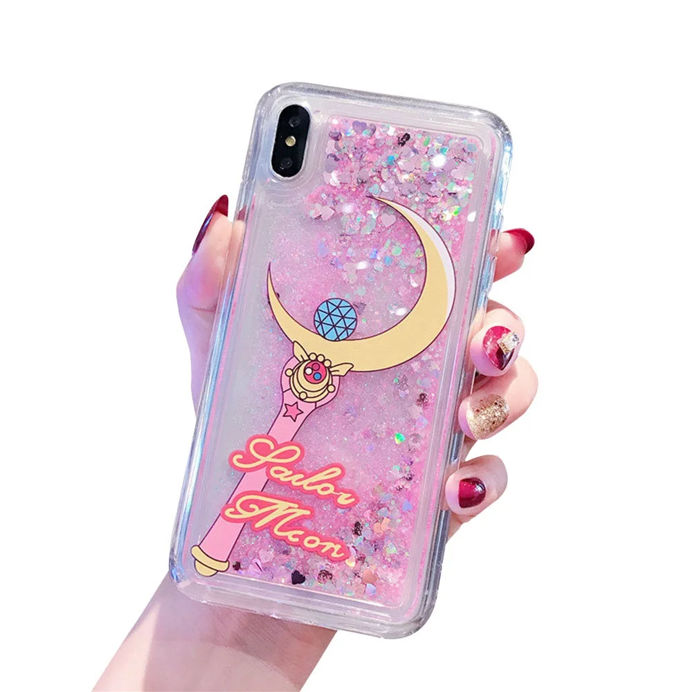 Блестящий песок динамический чехол для iPhone X XSMax XR Bling Flower Love Heart Case для i Phone Case 7 8 6 6s Plus/6 6s Capa - Цвет: L moon