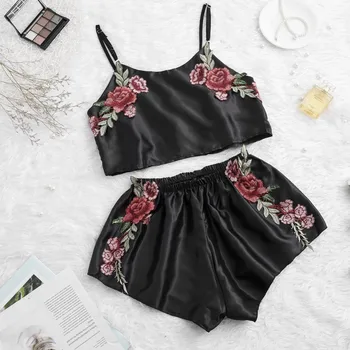 

Embroidery Satin Pajamas Set Silk Underwear Women Sleepwear Shorts Sleeveless Camis Top and Shorts Women's Pajama Set