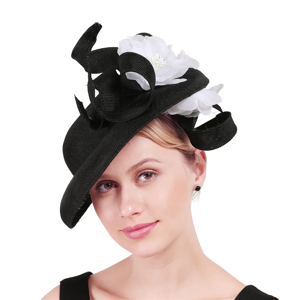 black and white Большие шляпы millinery, Kenducky derby, королевская женская шляпа для свадебной вечеринки с милыми цветочными аксессуарами, петлями, головной убор, повязка на голову - Цвет: black and white