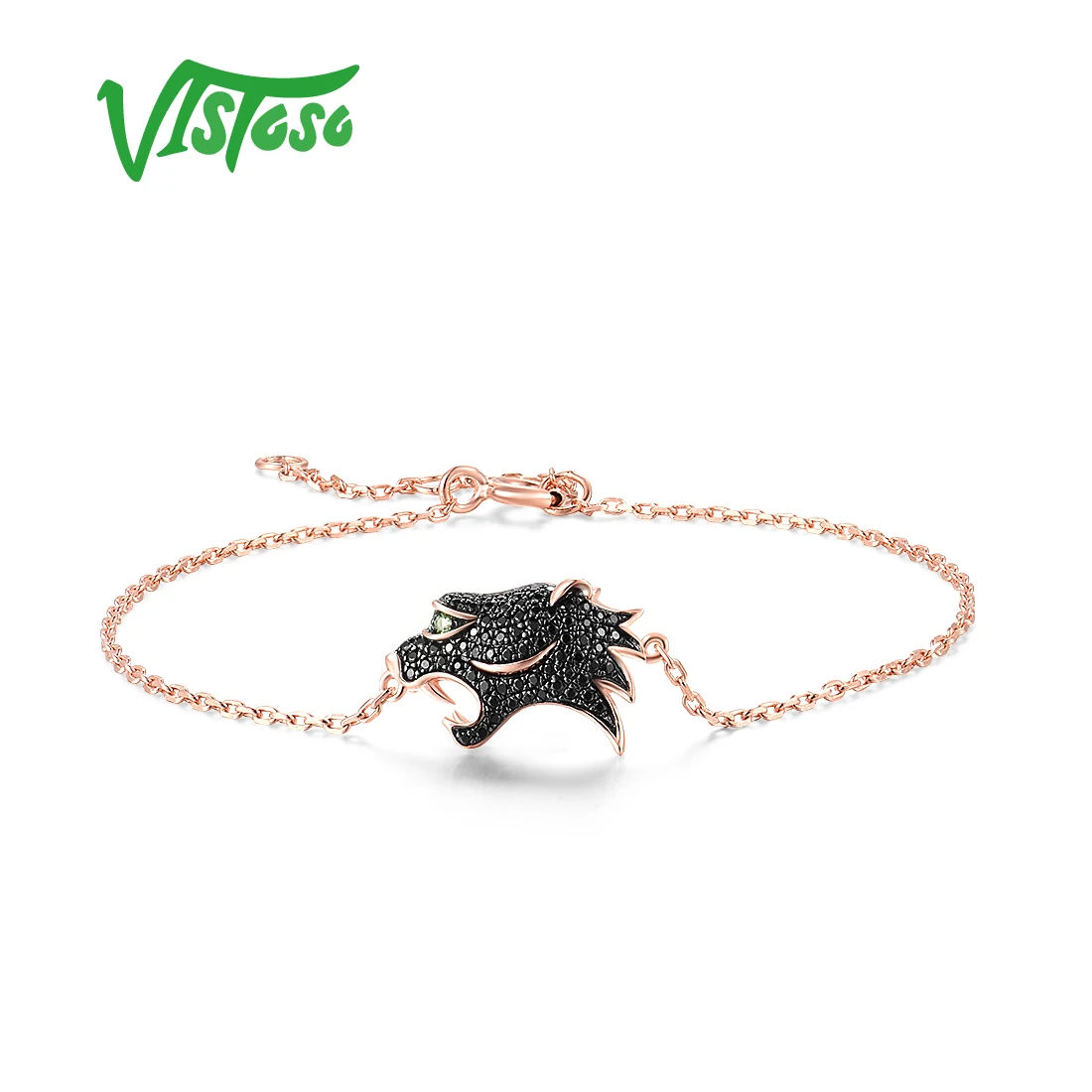 

VISTOSO Genuine 14K Rose Gold Bracelet For Woman Green Garnet Black Diamond Leopard Head Bracelet Animal Trendy Fine Jewelry