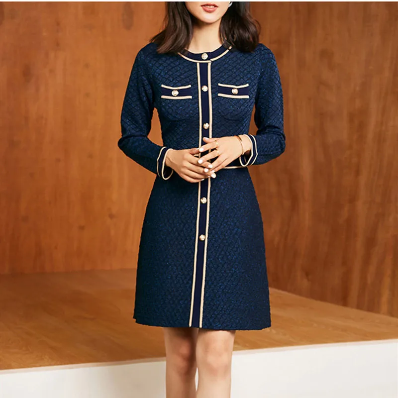 

Elegant Knitted Women Jumper Dress 2019 Autumn Fashion 3/4 Sleeve Single Breasted Navy Blue Rhombus Sweater Dress Female